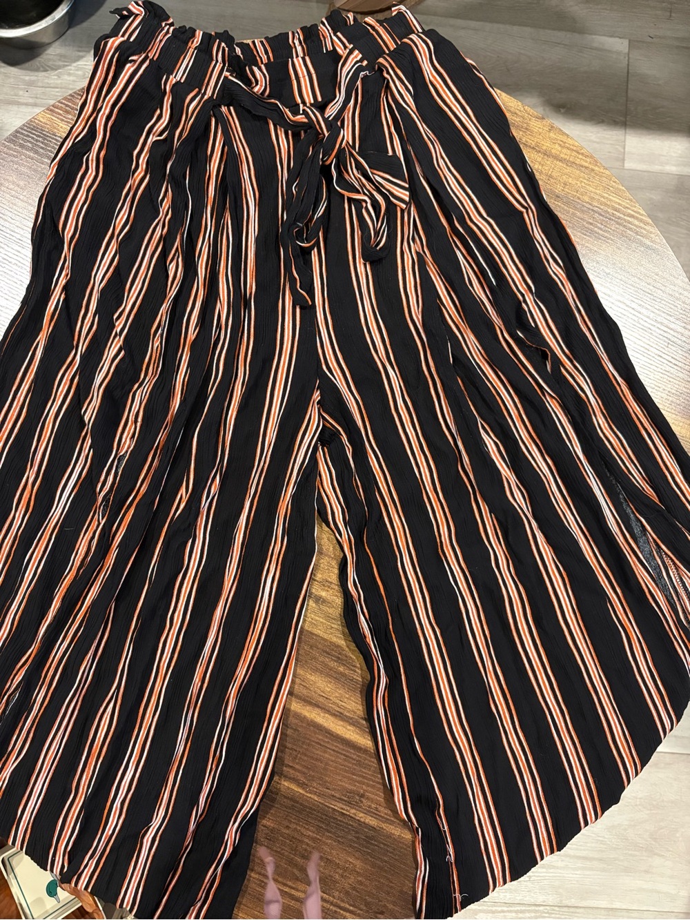 Women's Black Wide-Leg Striped Pants with Tie Waist